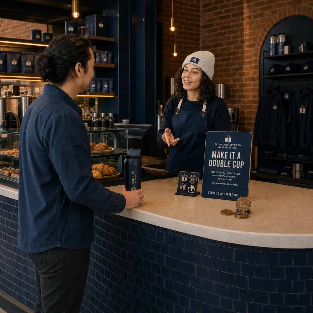 A Double Cup barista gestures toward a countertop sign reading Make It a Double Cup while a customer holds his mug at the register, with member coins and pins displayed on the counter.