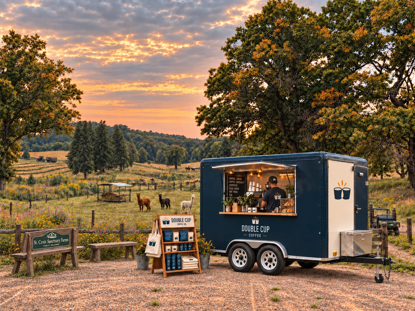 A navy Double Cup Coffee trailer cart parked on a gravel pad beside a rural pasture at dusk, alpacas grazing beyond the fence and a barista at the window. A wooden merch stand holds coffee bags, mugs, and tumblers with a Double Cup tote hanging from its side, and a St. Croix Sanctuary Farms sign bench sits beside it.