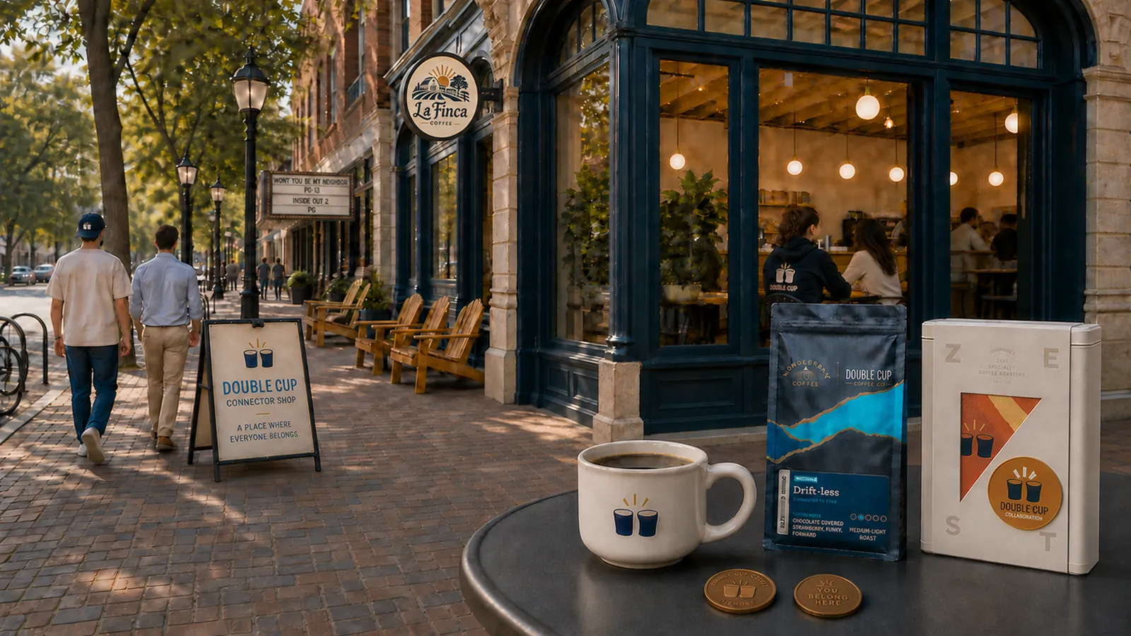La Finca Coffee, a neighborhood café on a tree-lined brick street, displays a Double Cup Connector Shop sidewalk sign reading A Place Where Everyone Belongs. On a café table in front sit a Double Cup mug, a collaboration coffee bag, a Zest x Double Cup collaboration tin, and member coins.