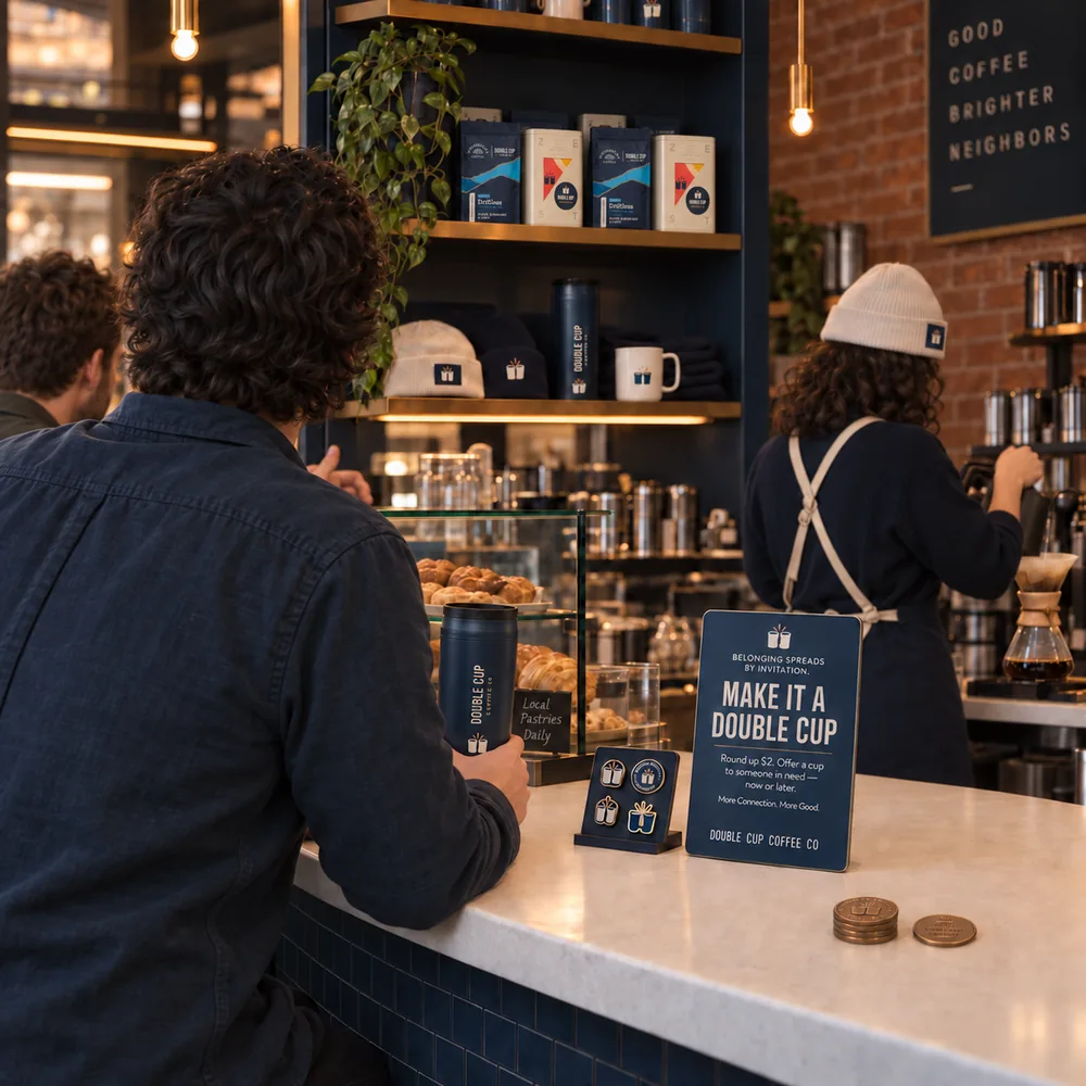 A customer with a Double Cup tumbler sits at a café counter beside a sign reading Make It a Double Cup: Round up $2, offer a cup to someone in need, now or later. Member pins and coins sit on the counter while a barista works the pour-over bar beneath a board reading Good Coffee, Brighter Neighbors.