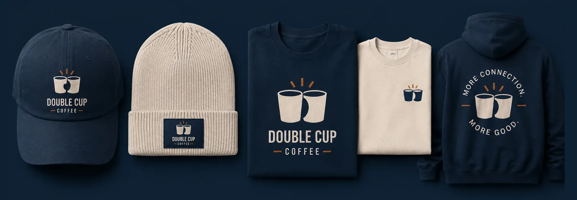 Double Cup Coffee apparel lineup on a navy background — a navy cap, cream beanie, navy tee, cream crewneck, and navy hoodie, each carrying the two-cups logo.