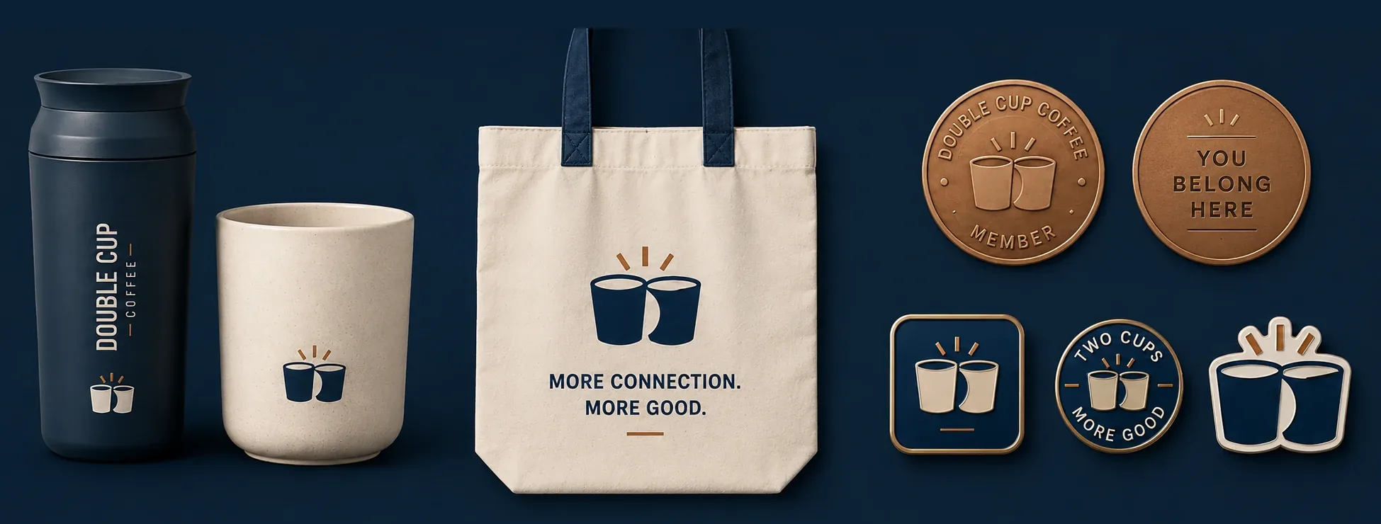 Double Cup Coffee goods — a travel tumbler, ceramic mug, canvas tote reading More Connection. More Good., bronze Member and You Belong Here coins, and enamel pins and stickers.