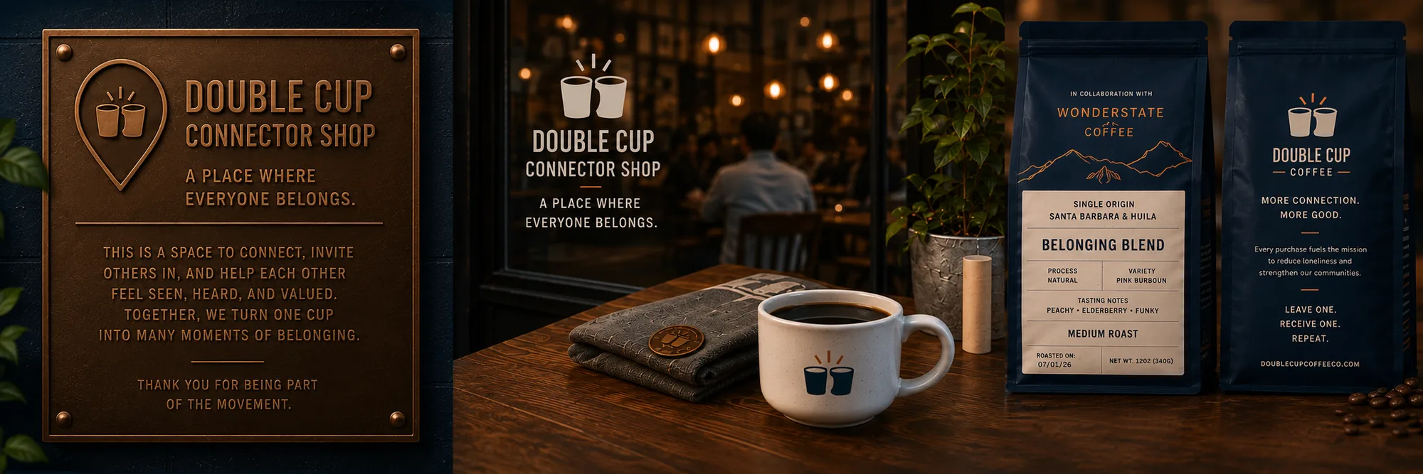 A Double Cup Connector Shop bronze plaque reading A place where everyone belongs, a warm cafe storefront, a member coin, and Double Cup coffee bags including a Wonderstate Coffee collaboration.